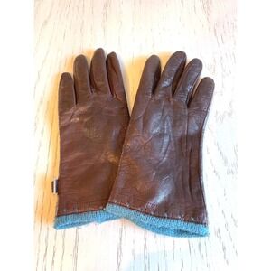 Vintage NINE & COMPANY Brown Leather Light Blue Knit Cuff Gloves Women's Size L